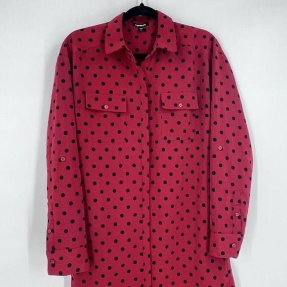 Express Women's Polka Dot Long Sleeve Button-Up Shirt Dress Red Black Size Small - Picture 5 of 9